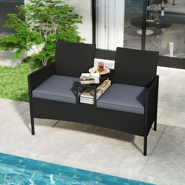 Patio Loveseat with Built-in Table, Soft Cushions, and Tempered Glass Tabletop