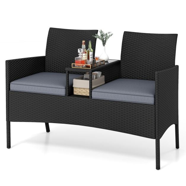 Patio Loveseat with Built-in Table, Soft Cushions, and Tempered Glass Tabletop