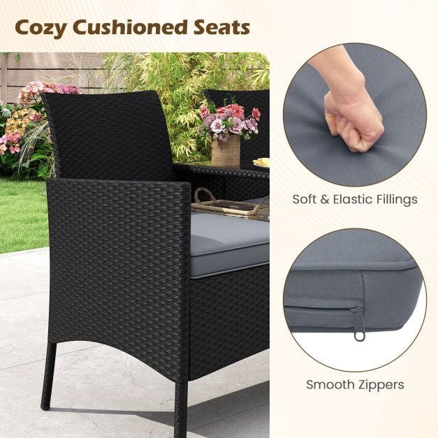 Patio Loveseat with Built-in Table, Soft Cushions, and Tempered Glass Tabletop