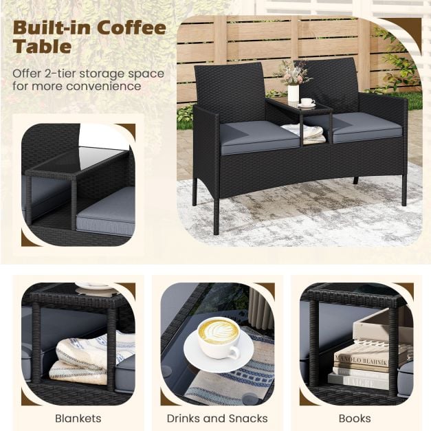Patio Loveseat with Built-in Table, Soft Cushions, and Tempered Glass Tabletop