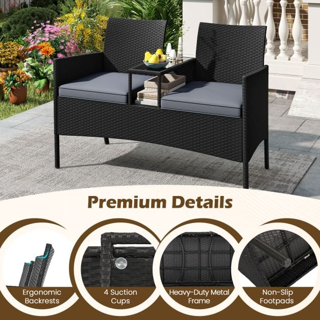 Patio Loveseat with Built-in Table, Soft Cushions, and Tempered Glass Tabletop