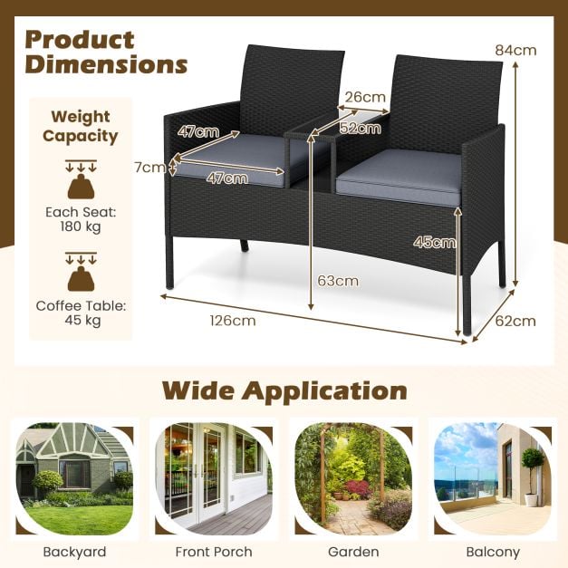 Patio Loveseat with Built-in Table, Soft Cushions, and Tempered Glass Tabletop