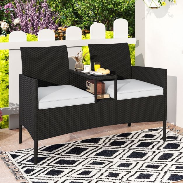 Patio Loveseat with Built-in Table, Soft Cushions, and Tempered Glass Tabletop