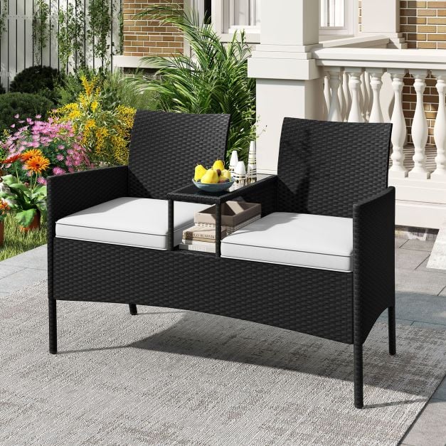 Patio Loveseat with Built-in Table, Soft Cushions, and Tempered Glass Tabletop