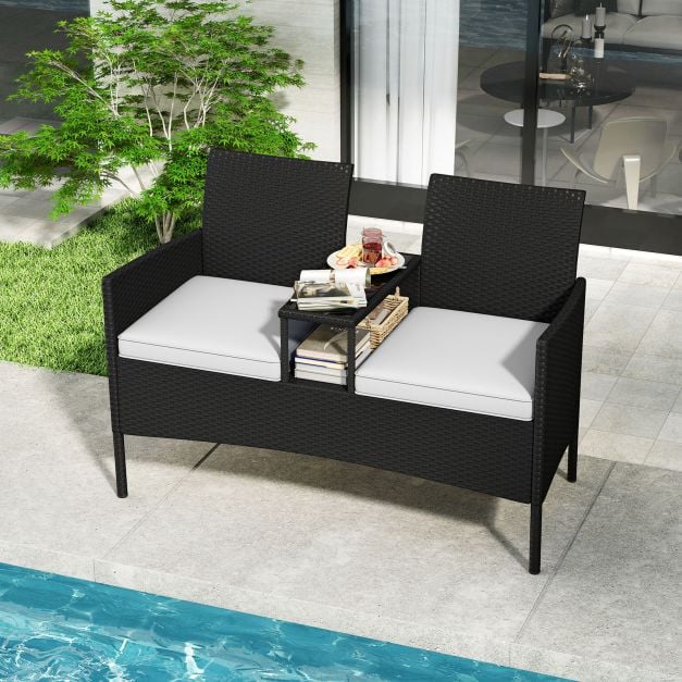 Patio Loveseat with Built-in Table, Soft Cushions, and Tempered Glass Tabletop