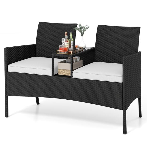 Patio Loveseat with Built-in Table, Soft Cushions, and Tempered Glass Tabletop