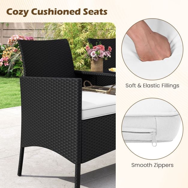 Patio Loveseat with Built-in Table, Soft Cushions, and Tempered Glass Tabletop
