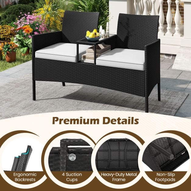 Patio Loveseat with Built-in Table, Soft Cushions, and Tempered Glass Tabletop