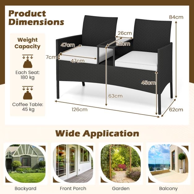 Patio Loveseat with Built-in Table, Soft Cushions, and Tempered Glass Tabletop