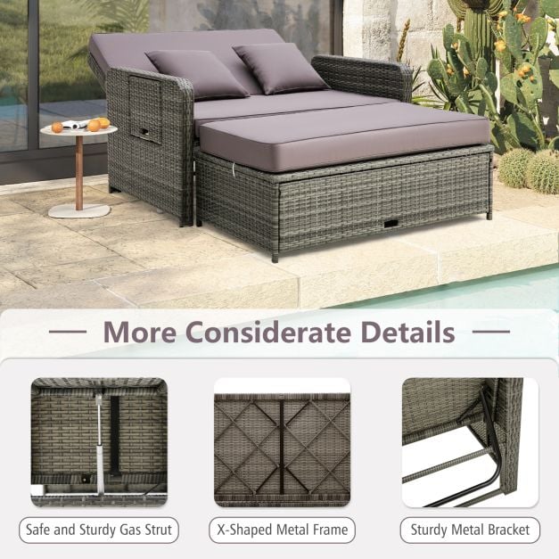 Patio Rattan Daybed Set with Multipurpose Ottoman and Retractable Side Tray-Grey