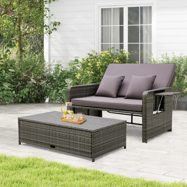 Patio Rattan Daybed Set with Multipurpose Ottoman and Retractable Side Tray-Grey