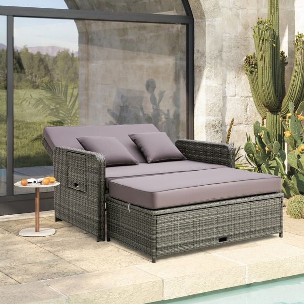 Patio Rattan Daybed Set with Multipurpose Ottoman and Retractable Side Tray-Grey