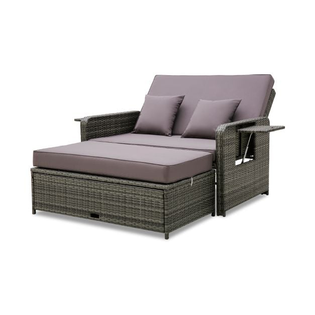 Patio Rattan Daybed Set with Multipurpose Ottoman and Retractable Side Tray-Grey