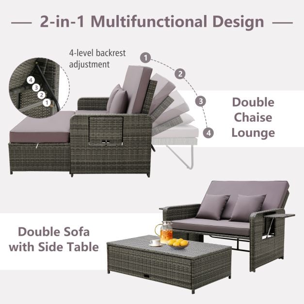 Patio Rattan Daybed Set with Multipurpose Ottoman and Retractable Side Tray-Grey