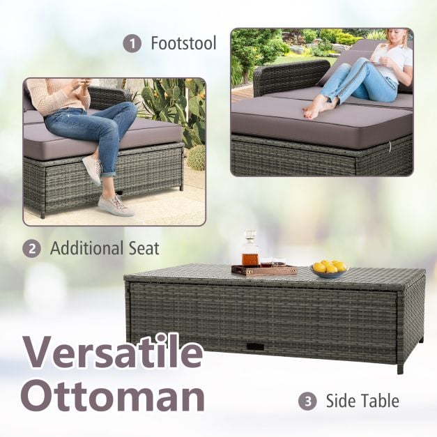 Patio Rattan Daybed Set with Multipurpose Ottoman and Retractable Side Tray-Grey