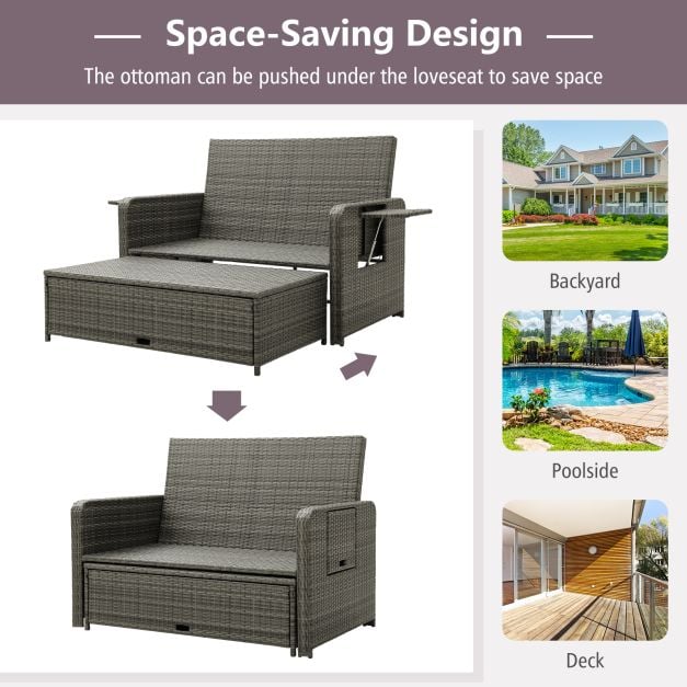 Patio Rattan Daybed Set with Multipurpose Ottoman and Retractable Side Tray-Grey