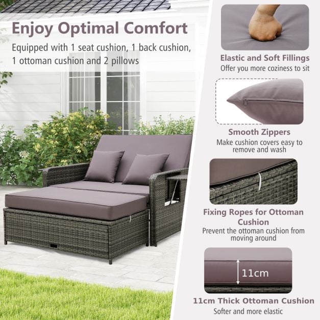 Patio Rattan Daybed Set with Multipurpose Ottoman and Retractable Side Tray-Grey