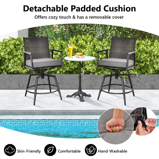 Patio Swivel Bar Stools Set of 2 with PE Rattan Back and Metal Frame