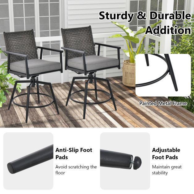 Patio Swivel Bar Stools Set of 2 with PE Rattan Back and Metal Frame