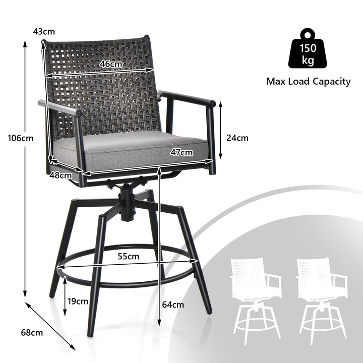 Patio Swivel Bar Stools Set of 2 with PE Rattan Back and Metal Frame