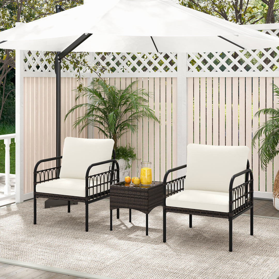 3 Pieces Patio Wicker Furniture Set with Cushioned Chairs and Tempered Glass Coffee Table-White