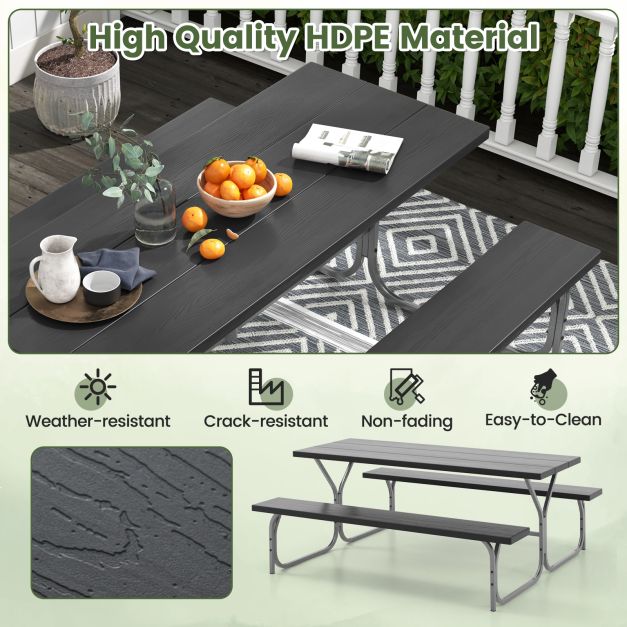 183 cm Picnic Table Bench Set with Umbrella Hole for Patio Garden Yard Poolside Party