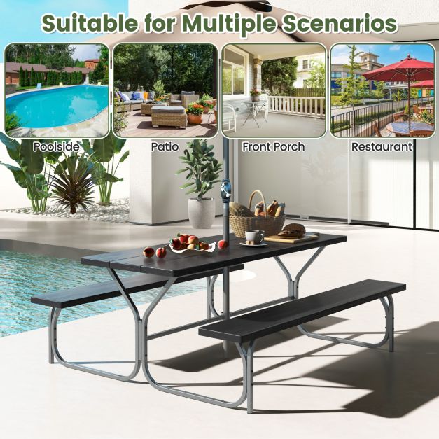 183 cm Picnic Table Bench Set with Umbrella Hole for Patio Garden Yard Poolside Party