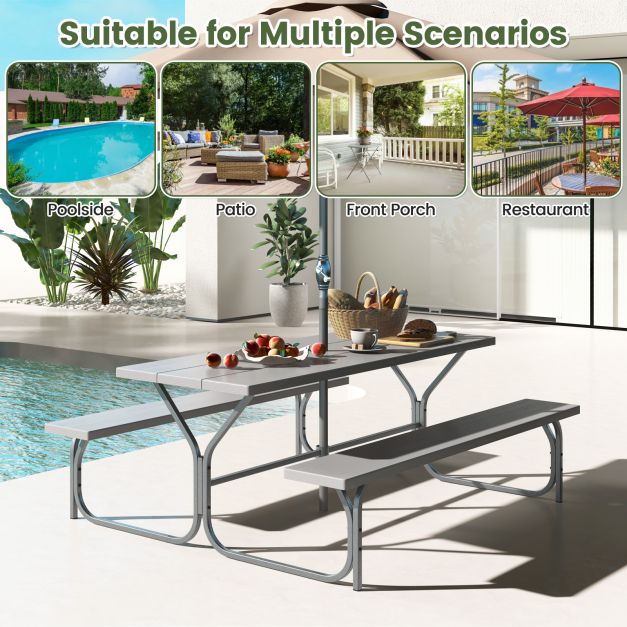 183 cm Picnic Table Bench Set with Umbrella Hole for Patio Garden Yard Poolside Party