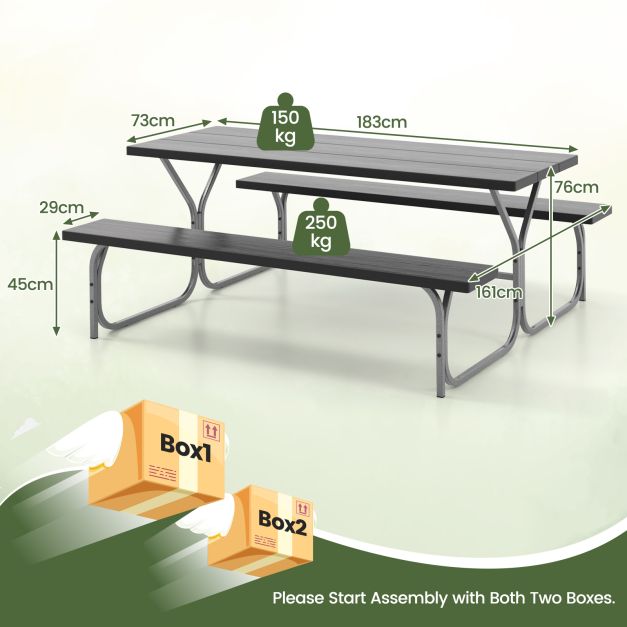 183 cm Picnic Table Bench Set with Umbrella Hole for Patio Garden Yard Poolside Party