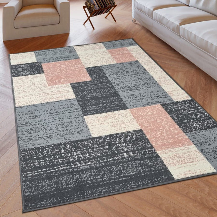 Modern Rug Geometric Pink Grey Patterned Soft Carpet