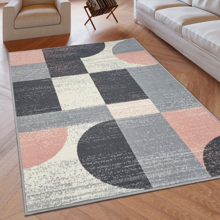 Geometric Rug Grey Pink Circles Modern Soft Carpet