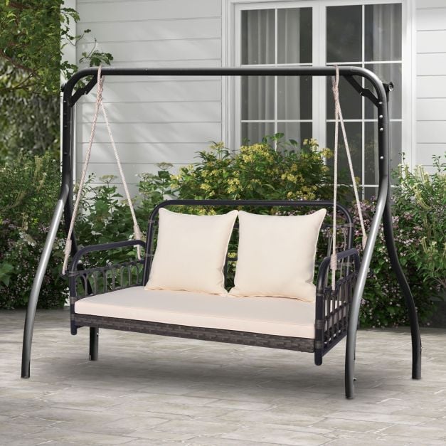 2-Person Patio Wicker Swing Chair with Removable Cushions for Garden, Poolside, Backyard-Off White - TidySpaces