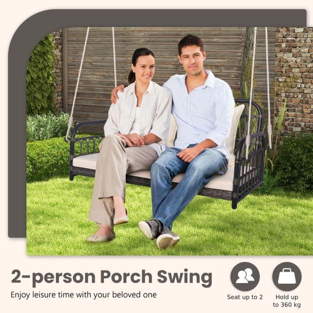 2-Person Patio Wicker Swing Chair with Removable Cushions for Garden, Poolside, Backyard-Off White - TidySpaces