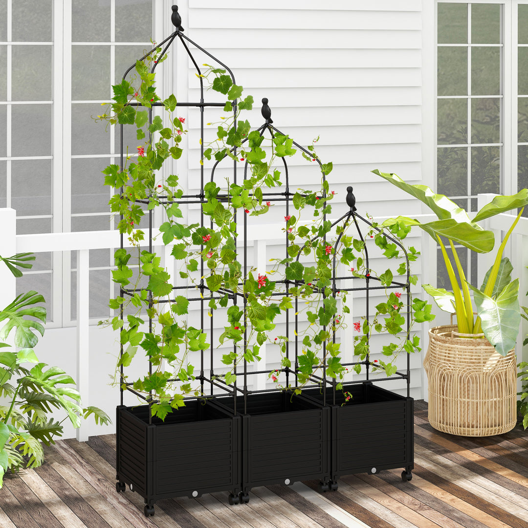 Raised Garden Bed with Trellis with Self-Drainage and Wheels for Yard Lawn-Black