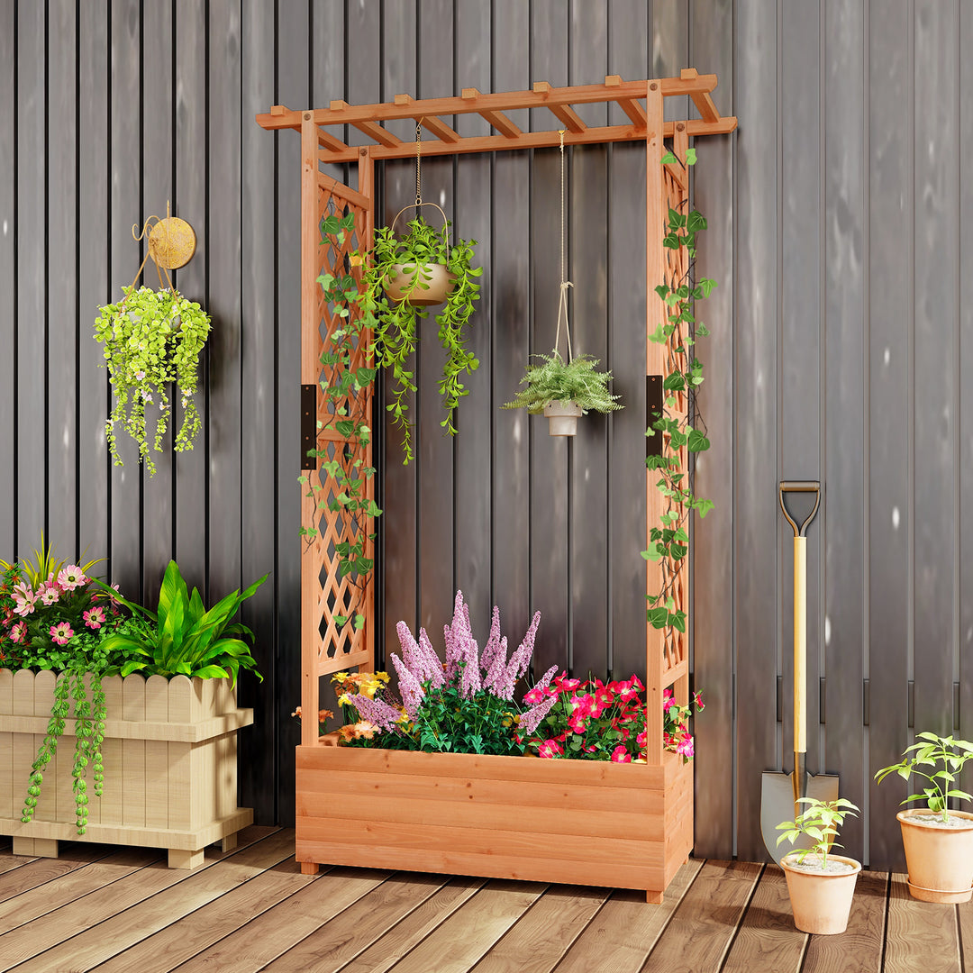 Raised Garden Bed Fir Wood Planter Box with 2-Sided Trellis and Hanging Roof-Orange