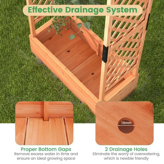 Raised Garden Bed Fir Wood Planter Box with 2-Sided Trellis and Hanging Roof