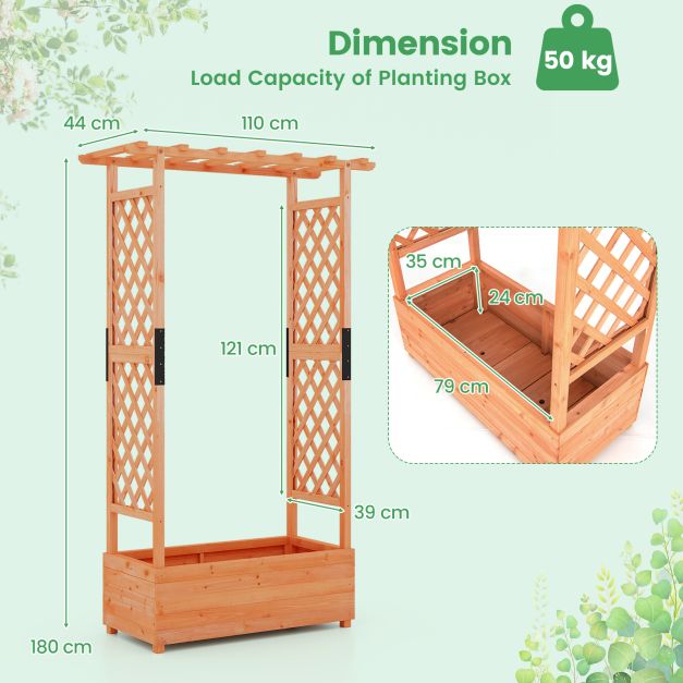 Raised Garden Bed Fir Wood Planter Box with 2-Sided Trellis and Hanging Roof