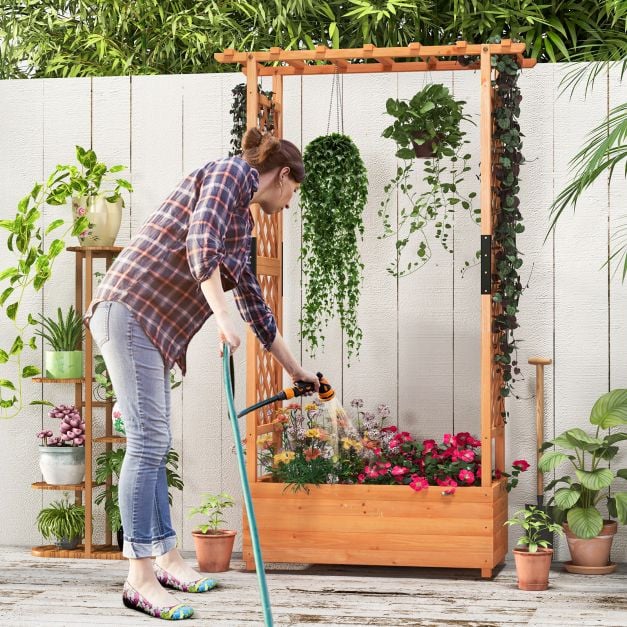 Raised Garden Bed Fir Wood Planter Box with 2-Sided Trellis and Hanging Roof