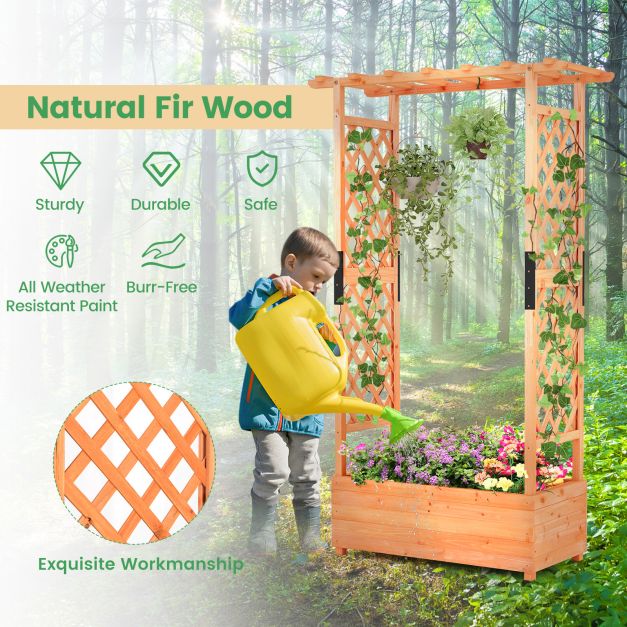 Raised Garden Bed Fir Wood Planter Box with 2-Sided Trellis and Hanging Roof