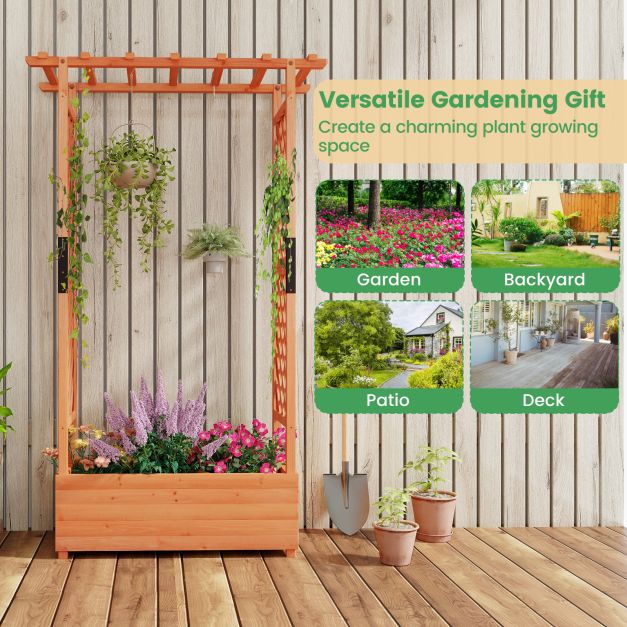 Raised Garden Bed Fir Wood Planter Box with 2-Sided Trellis and Hanging Roof