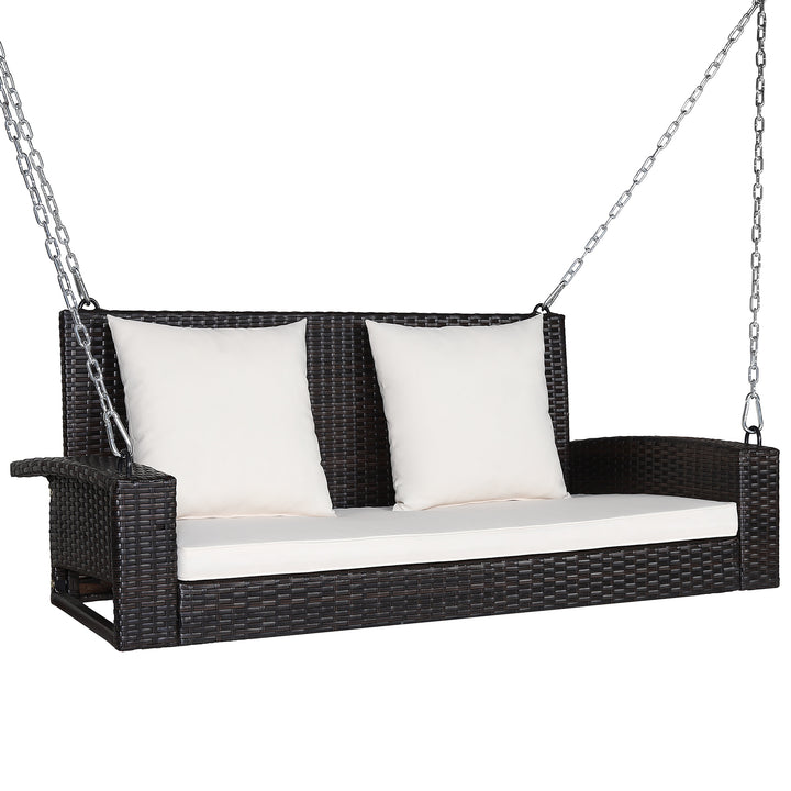 2 Seat Patio Rattan Porch Swing with Two Solid Steel Chains