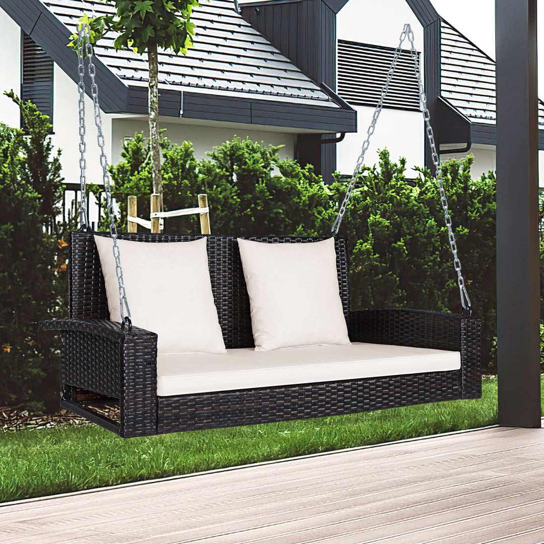 2 Seat Patio Rattan Porch Swing with Two Solid Steel Chains