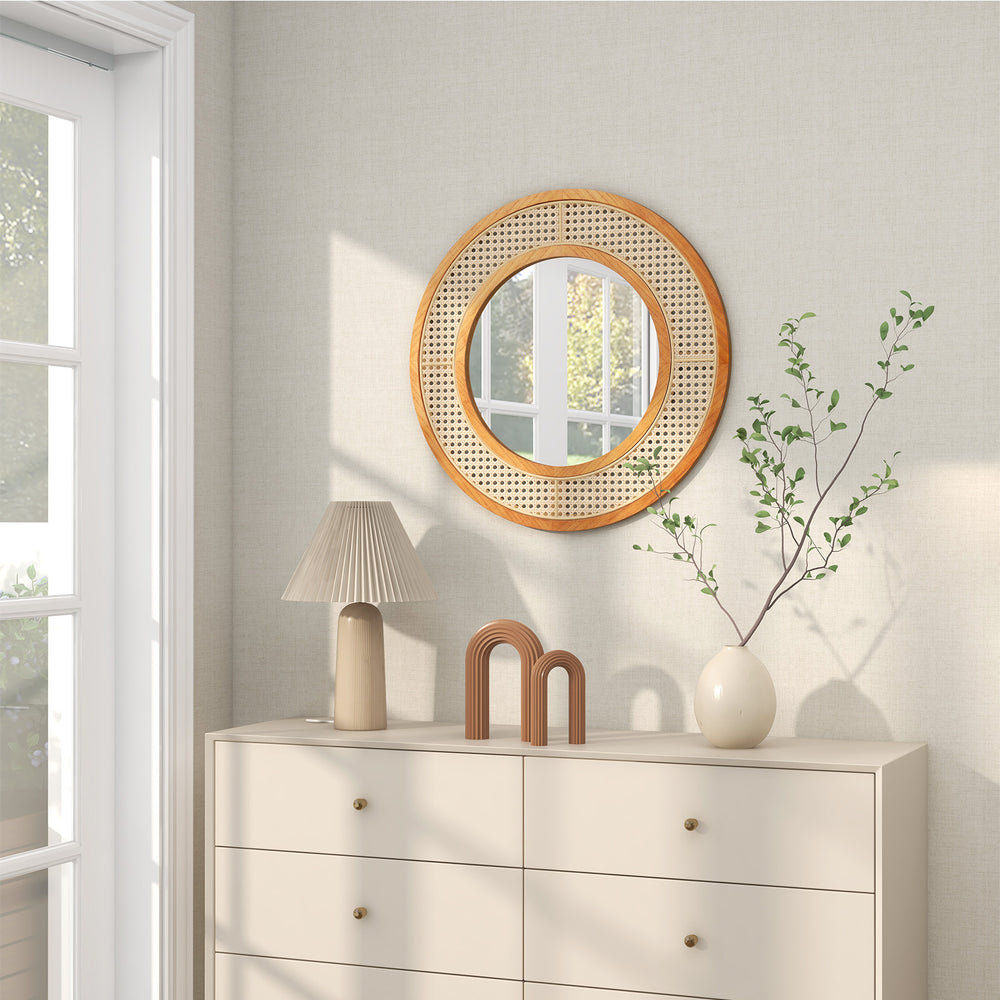 Rattan Round Wall Mirror with Aluminum Glass and Metal Hook -Natural - TidySpaces