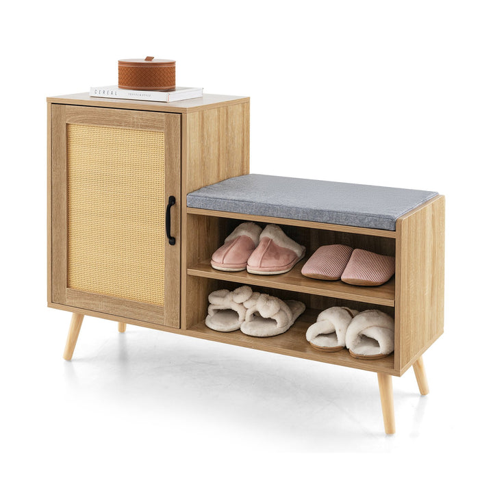 2-in-1 Rattan Shoe Cabinet with Bench and 3 Adjustable Shelves-Natural