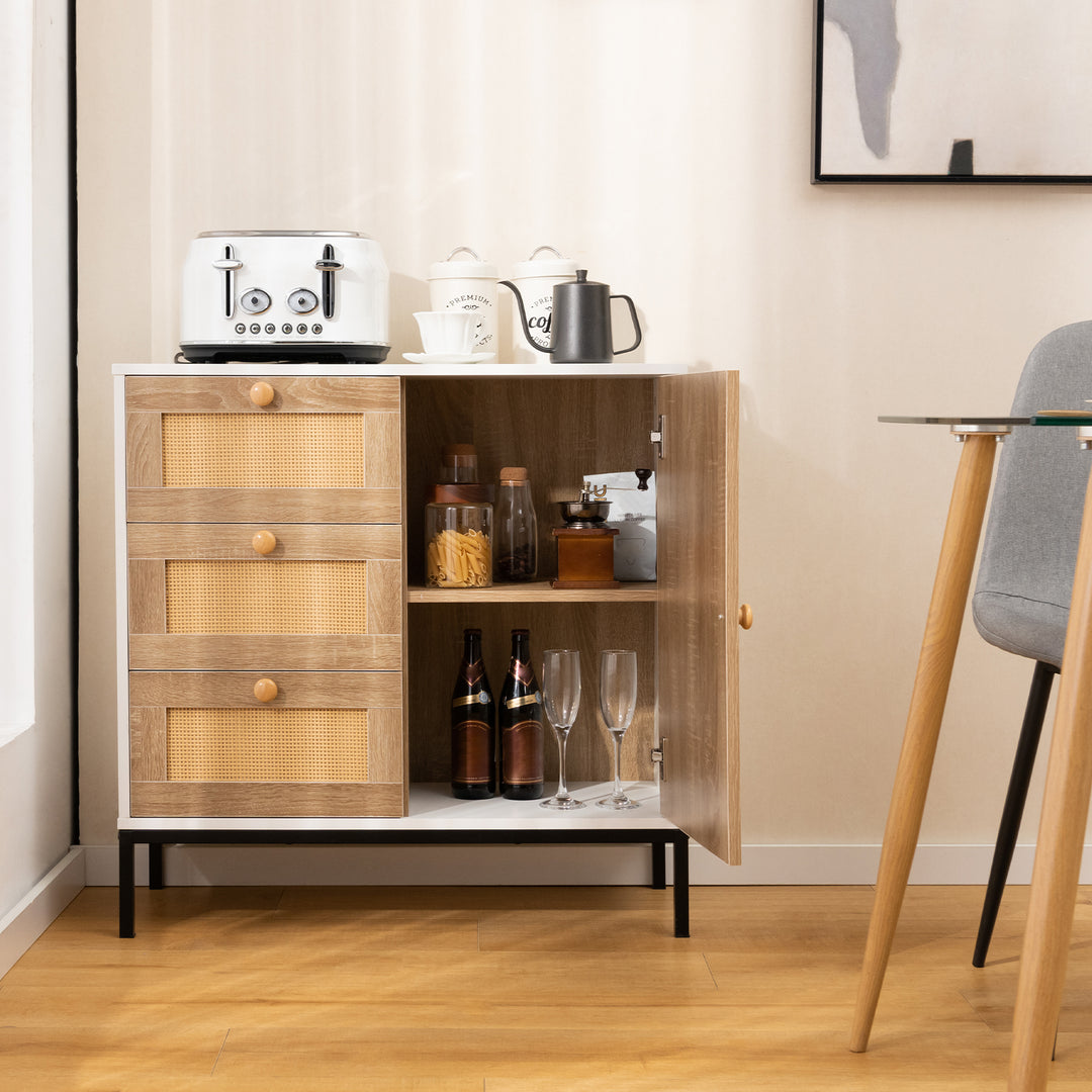 Rattan Sideboard Buffet Cabinet with 1 Door and 3 Drawers White