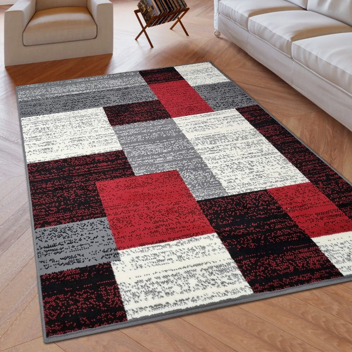 Modern Rug Geometric Red Grey Black Patterned Soft Carpet