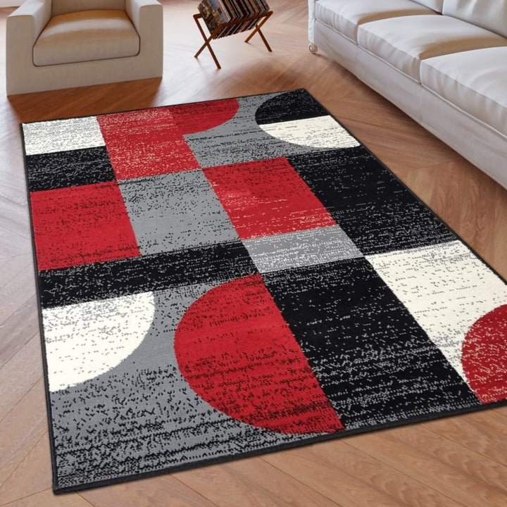 Geometric Rug Grey Black Red Circles Modern Soft Carpet