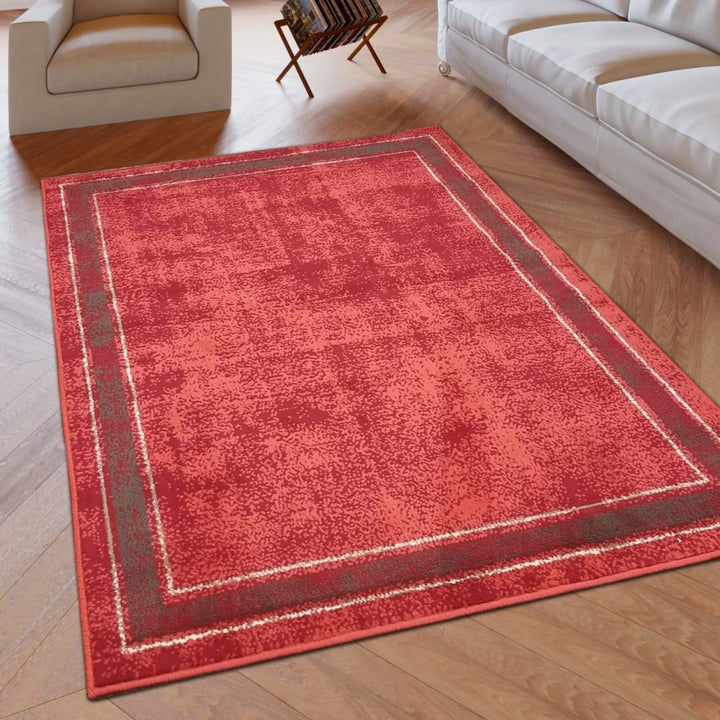 Red Geometric Rug Bordered Pattern Soft Carpet