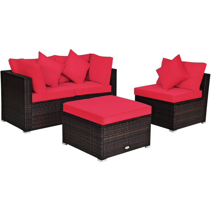 4 Pieces Outdoor Rattan Conversation Set with Removable Cushions and Pillows Red - TidySpaces