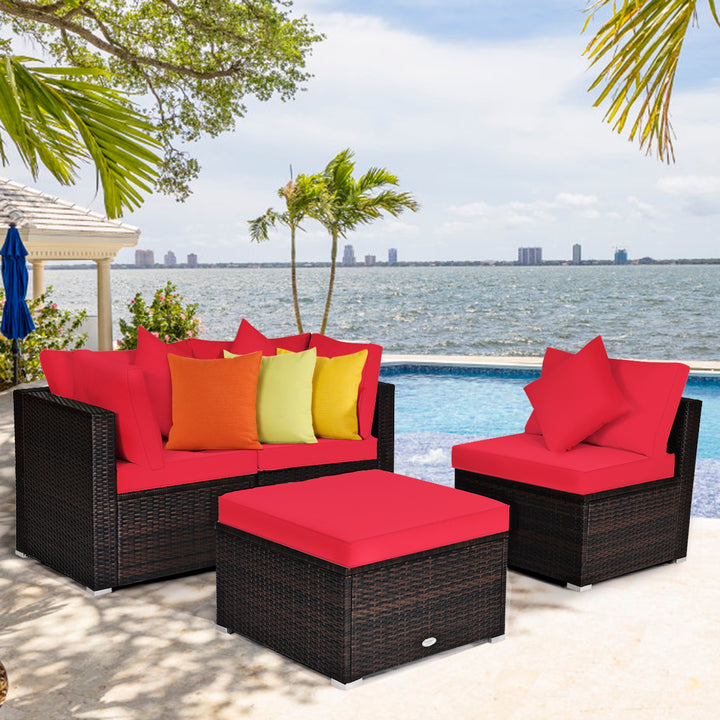 4 Pieces Outdoor Rattan Conversation Set with Removable Cushions and Pillows - TidySpaces